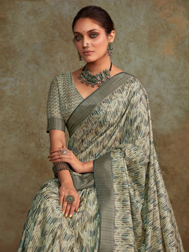 Stunning Off-White Digital Printed Silk Traditional Saree With Blouse